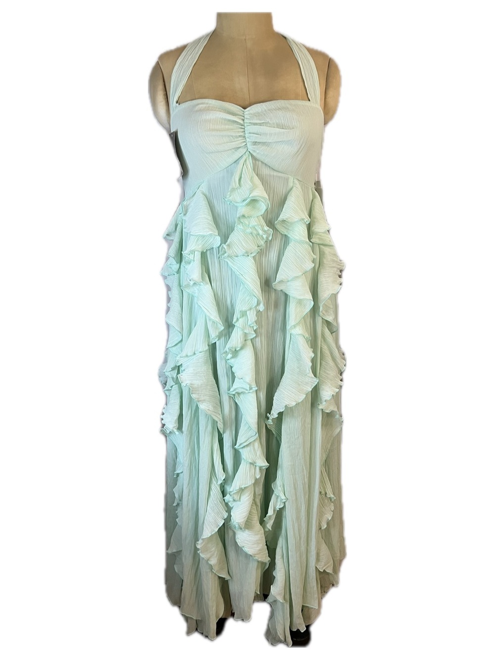 Show Me Your MuMu Gemma Mint Green Chiffon Cascading Ruffle Halter Maxi Dress